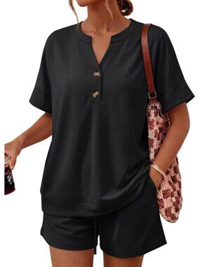 Women's Black 2 Piece Lounge Sets Oversized Henley Top & Shorts Soft Rayon